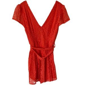 Maude Mini Red-Orange Floral Lace Belted Romper - L